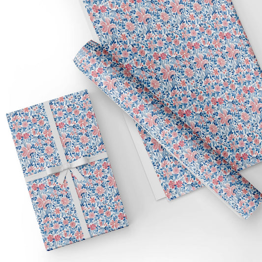 Blue Floral Flat Wrapping Paper Sheet Wholesale Wraphaholic