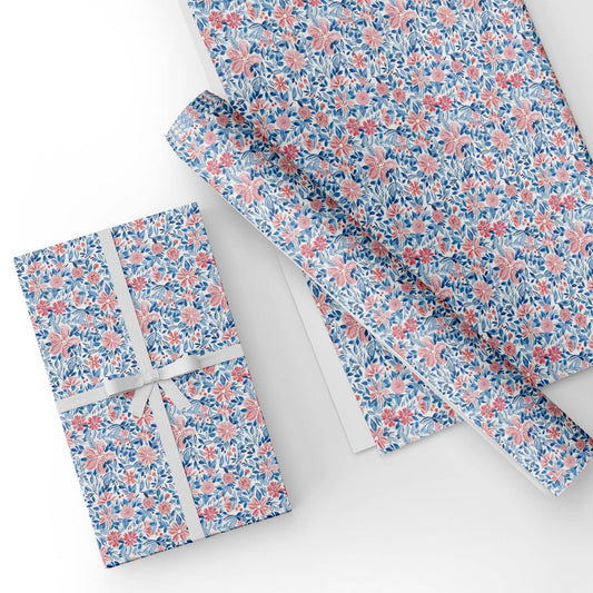 Blue Floral Flat Wrapping Paper Sheet Wholesale Wraphaholic