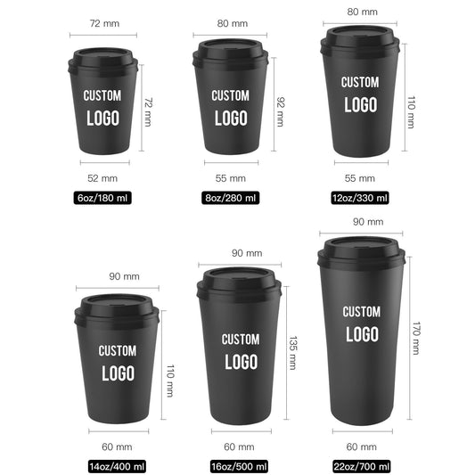 Disposable coffee cups for serving hot coffee, tea, hot chocolate, and other hot beverages. Polyethylene lining for resistance to leaking and moisture penetration.