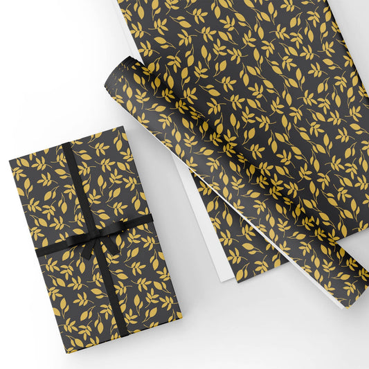 Yellow Leaf Black Flat Wrapping Paper Sheet Wholesale Wraphaholic