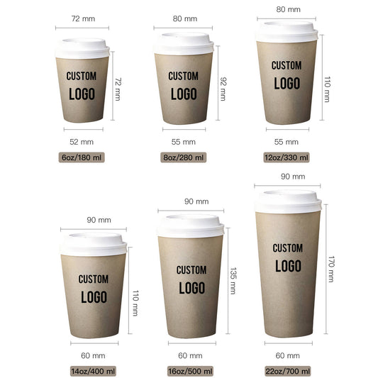 Disposable coffee cups for serving hot coffee, tea, hot chocolate, and other hot beverages. Polyethylene lining for resistance to leaking and moisture penetration.