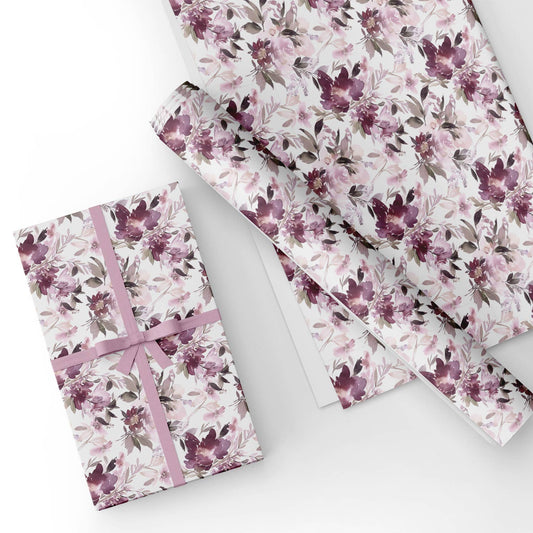 Purple Watercolor Flowers Flat Wrapping Paper Sheet Wholesale Wraphaholic