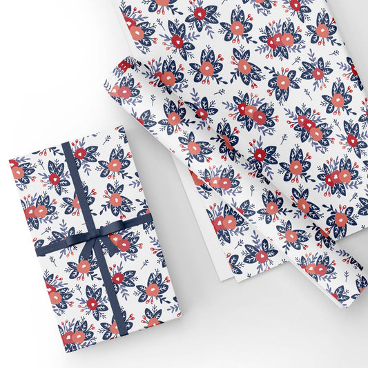 Flower Blue White Flat Wrapping Paper Sheet Wholesale Wraphaholic