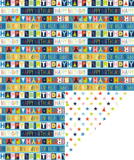 Birthday Lettering Wrapping Paper with Colorful Stars Jumbo Roll Wholesale Wrapaholic