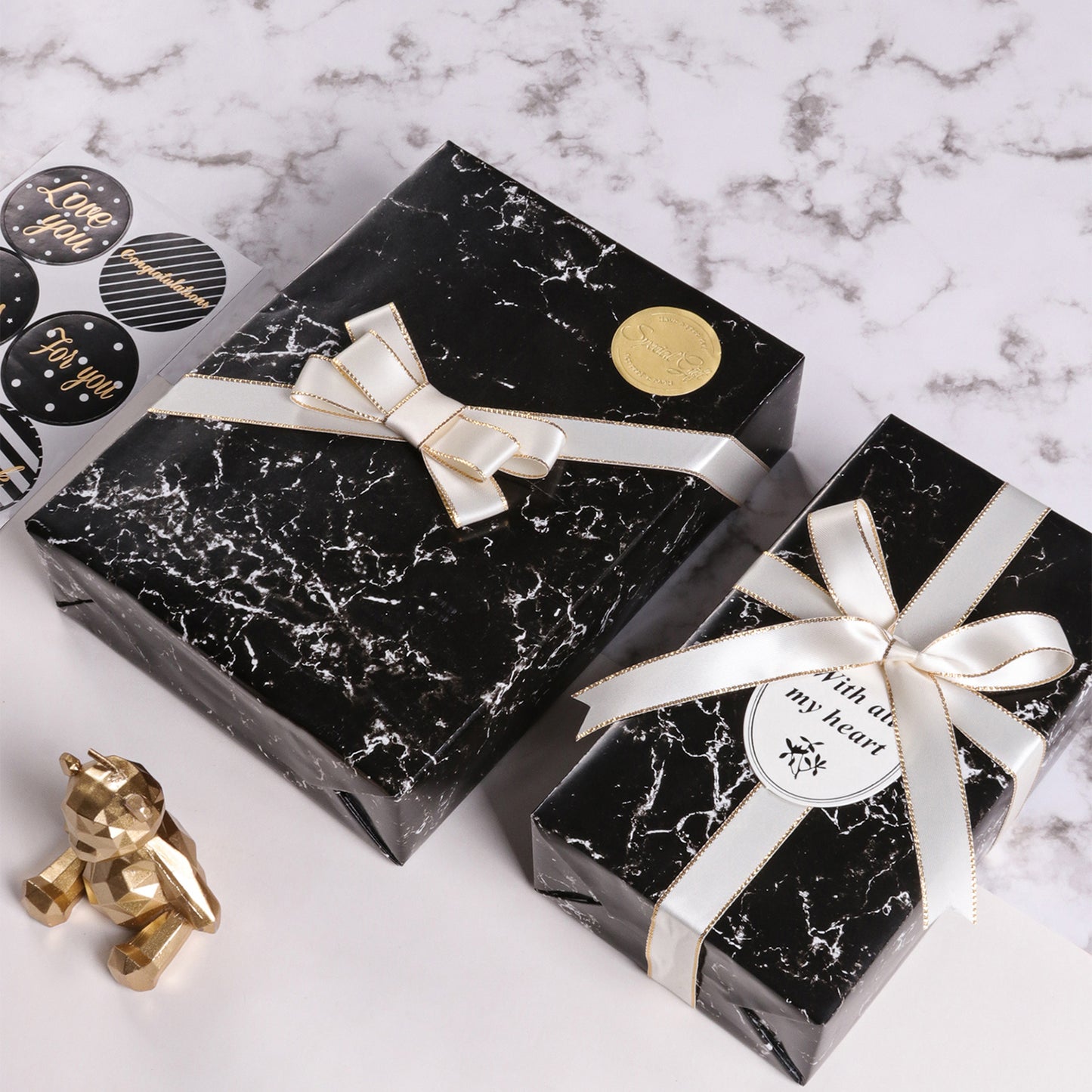Black & Gold Marble Wrapping Paper with Gold Stripe Jumbo Roll Wholesale
