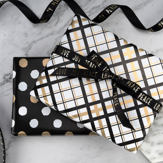 Black & Gold Polka Dot Wrapping Paper with Plaid Jumbo Roll Wholesale Wrapaholic