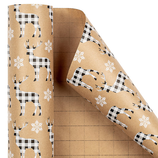 Buffalo Grid Reindeer Christmas Kraft Wrapping Paper Roll RUSPEPA Wholesale Ream