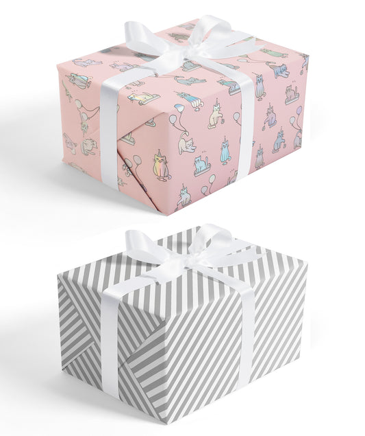 Cat Birthday Pink Wrapping Paper wtih Gray Stripe Packing Paper Supply Wrapaholic