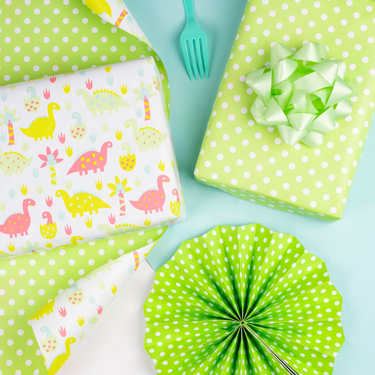 Cute Baby Dino Wrapping Paper with Green Polka Dot Jumbo Roll Wholesale Wrapaholic