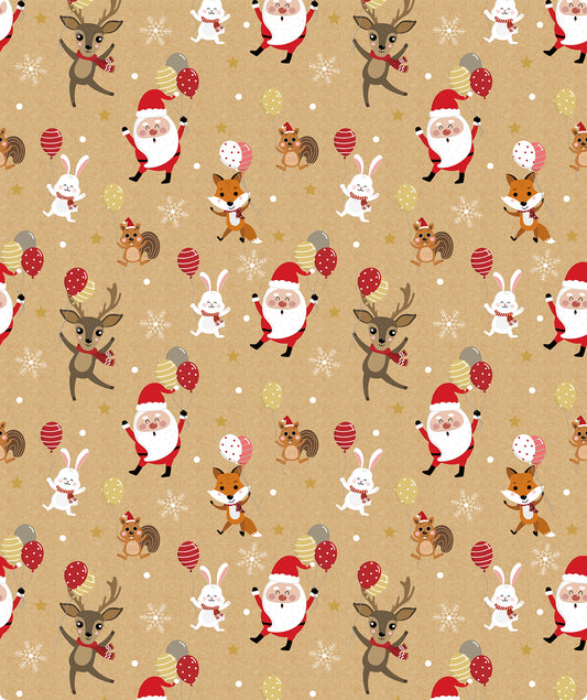 Dancing Santa & Animals Christmas Kraft Wrapping Paper Roll RUSPEPA Wholesale Ream