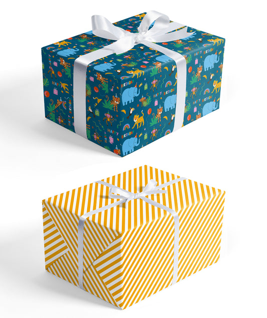 Elephant Lion Monkey Kids' Birthday Wrapping Paper wtih Yellow Stripe Jumbo Roll Wholesale