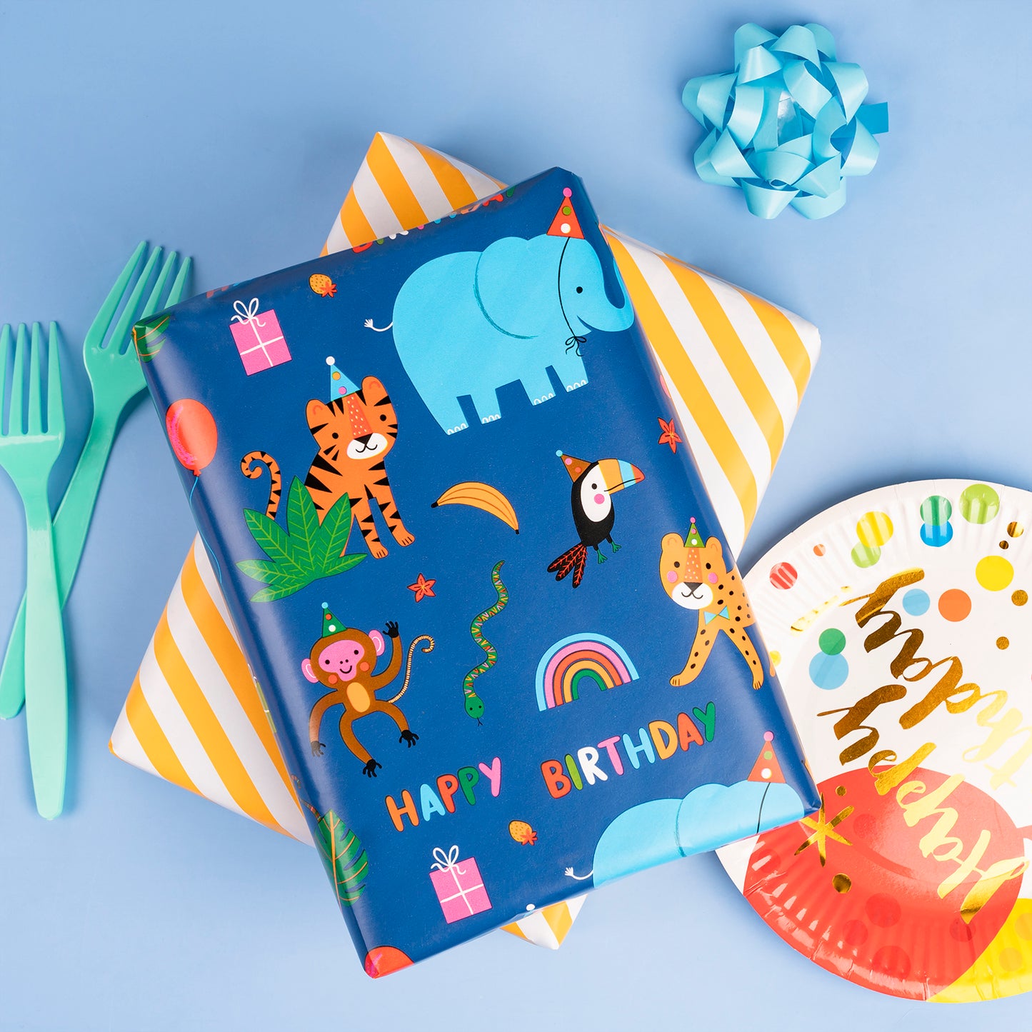 Elephant Lion Monkey Kids' Birthday Wrapping Paper wtih Yellow Stripe Jumbo Roll Wholesale Wrapaholic