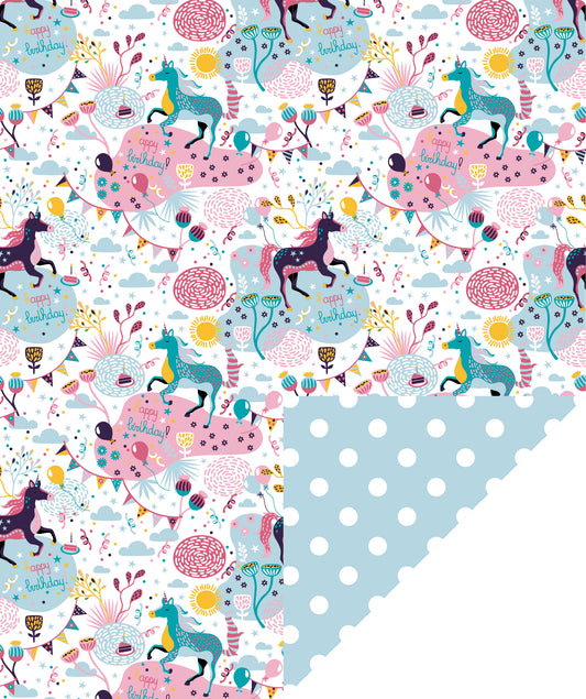 Grace Unicorn Birthday Wrapping Paper with Blue Polka Dot Jumbo Roll Wholesale Wrapaholic