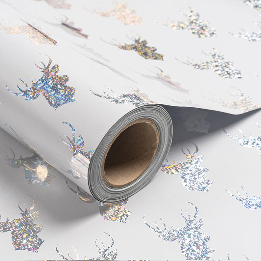 Holographic Reindeer White Foil Christmas Wrapping Paper Roll Wrapaholic Wholesale Ream
