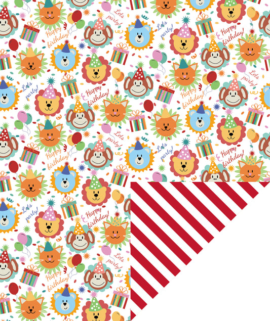 Jungle Birthday Party Wrapping Paper with Red Stripe on Reverse