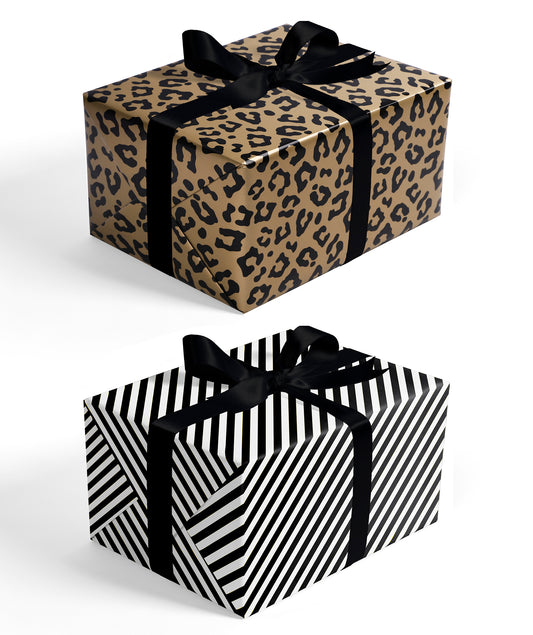 Leopard Wrapping Paper Gold Foil with Black Stripe Jumbo Roll Wholesale Wrapaholic