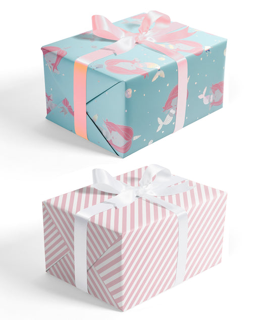 Little Mermaid Blue Wrapping Paper with Pink Stripe Packing Paper Supply Wrapaholic