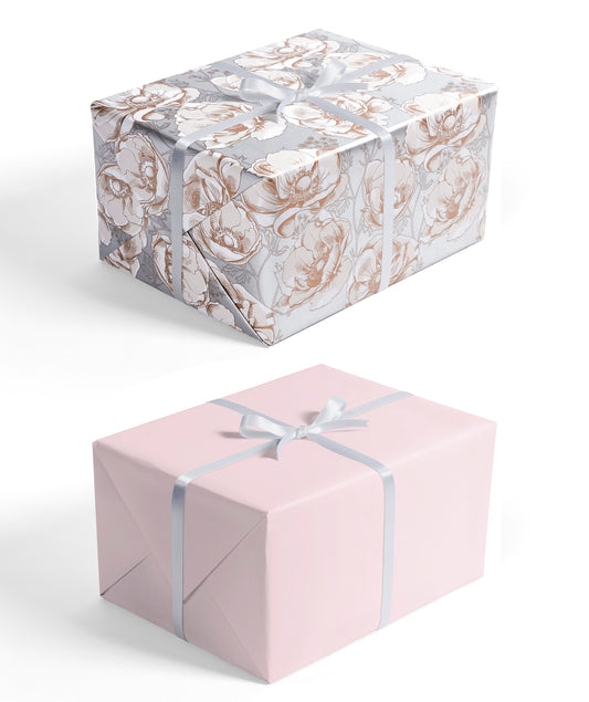 Peony in Silver Color Wrapping Paper with Pink Color Jumbo Roll Wholesale Wrapaholic