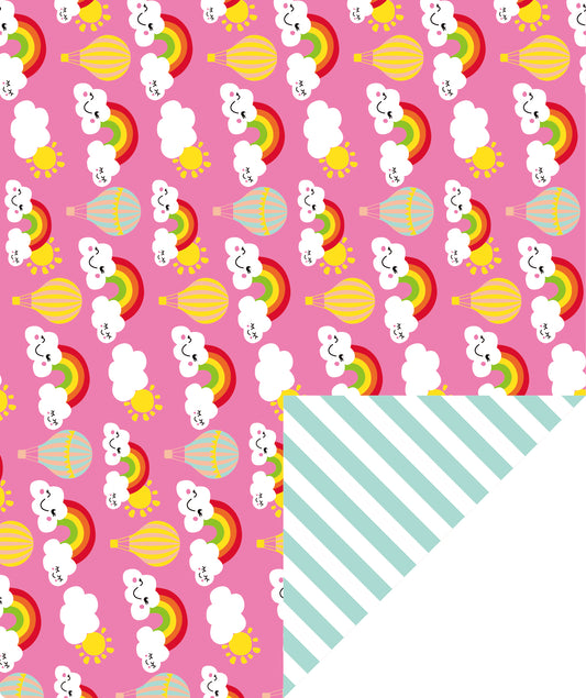 Rainbow in Clouds Hot Pink Wrapping Paper with Green Color Jumbo Roll Wholesale Wrapaholic
