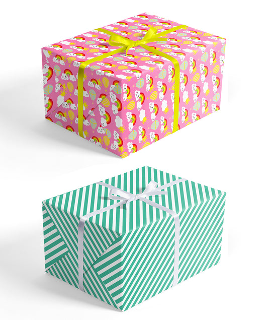 Rainbow in Clouds Hot Pink Wrapping Paper with Green Color Jumbo Roll Wholesale Wrapaholic