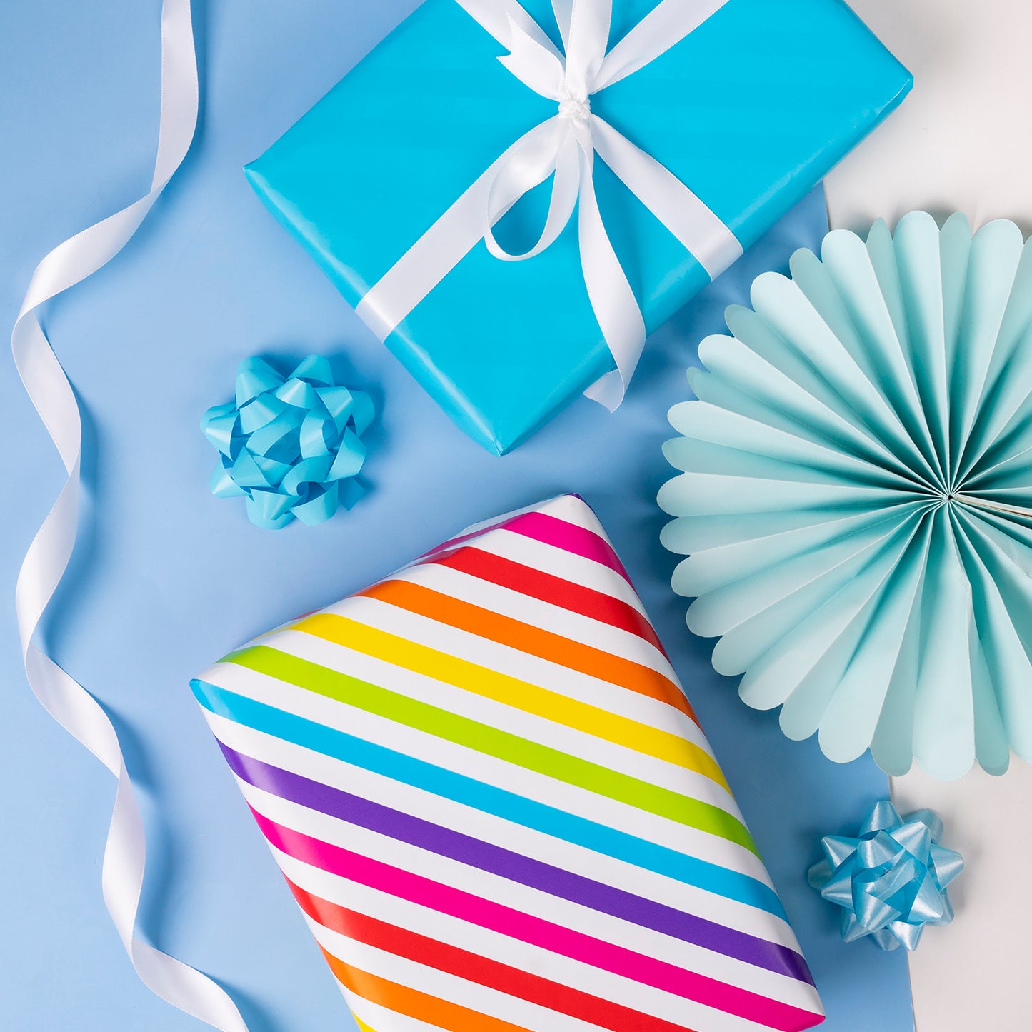 Rainbow Stripe Wrapping Paper with Sky Blue Color Jumbo Roll Wholesale Wrapaholic