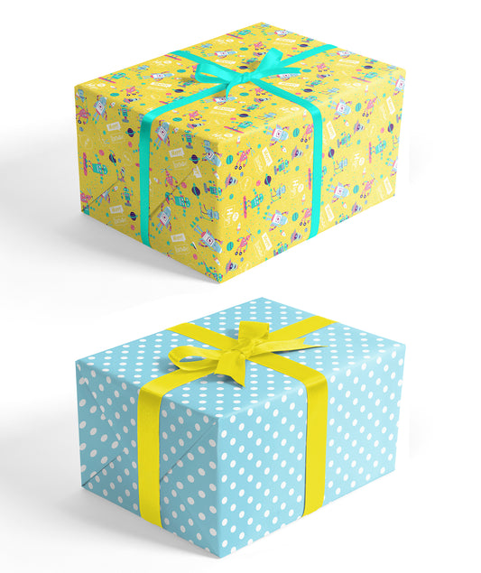 Rocket Bot Bright Yellow Birthday Wrapping with Blue Polka Dot Jumbo Roll Wholesale Wrapaholic