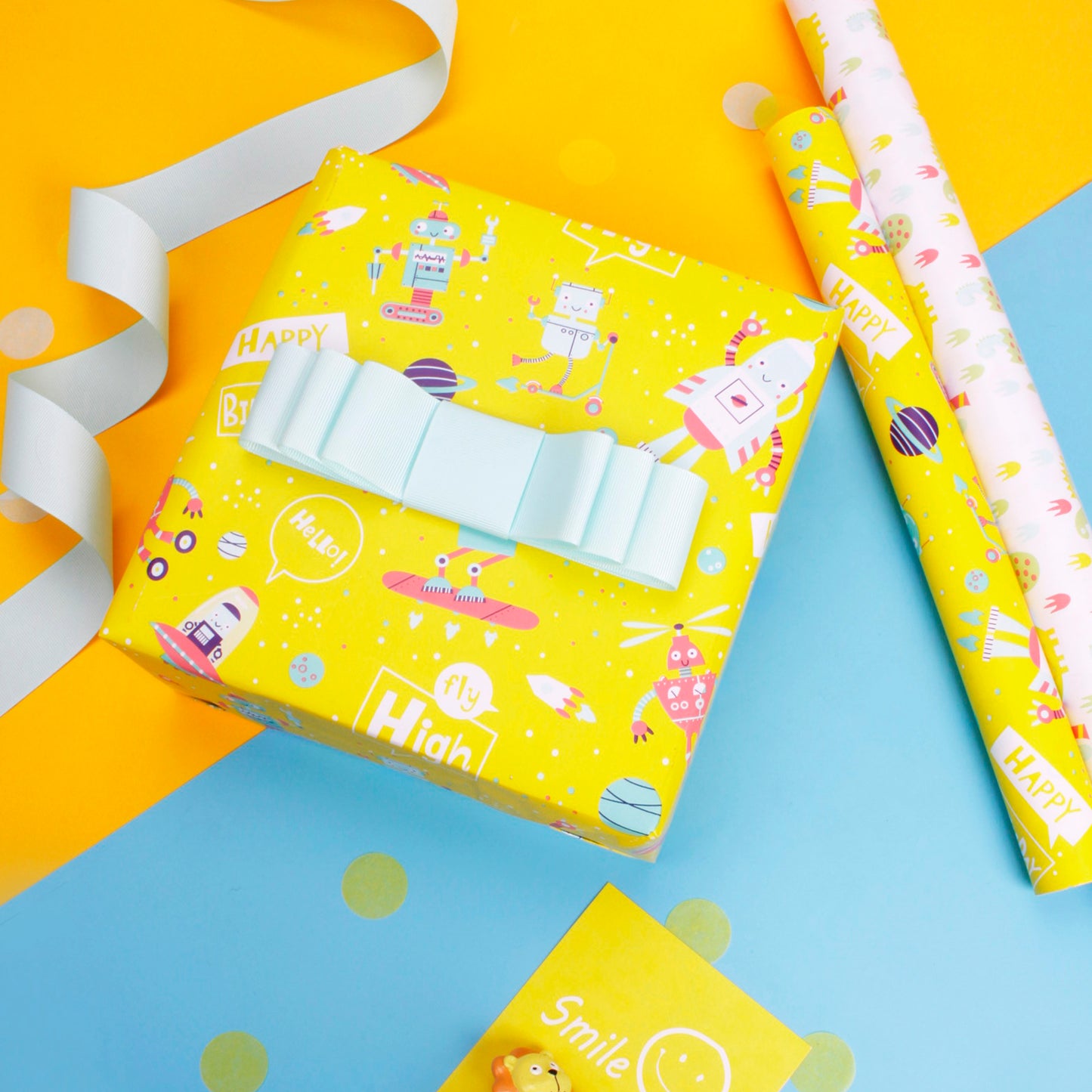 Rocket Bot Bright Yellow Birthday Wrapping with Blue Polka Dot Jumbo Roll Wholesale Wrapaholic