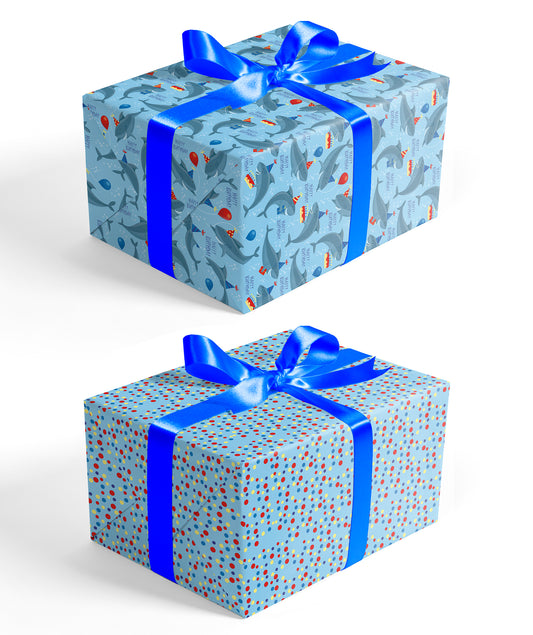Shark Birthday Blue Wrapping Paper with Colorful Polka Dot Packing Paper Supply Wrapaholic