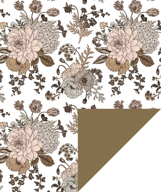 Sketch Floral Wrapping Paper Glossy White with Gold Color Jumbo Roll Wholesale Wrapaholic