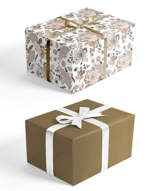 Sketch Floral Wrapping Paper Glossy White with Gold Color on Reverse