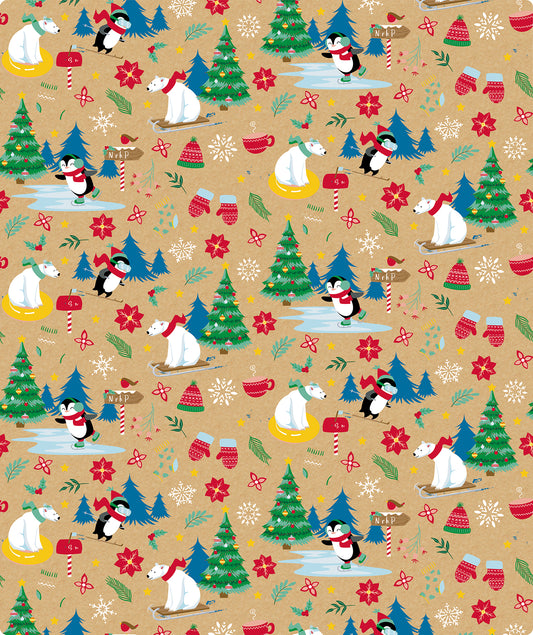 Skiing Polar Bear & Penguin Christmas Kraft Wrapping Paper Roll RUSPEPA Wholesale Ream