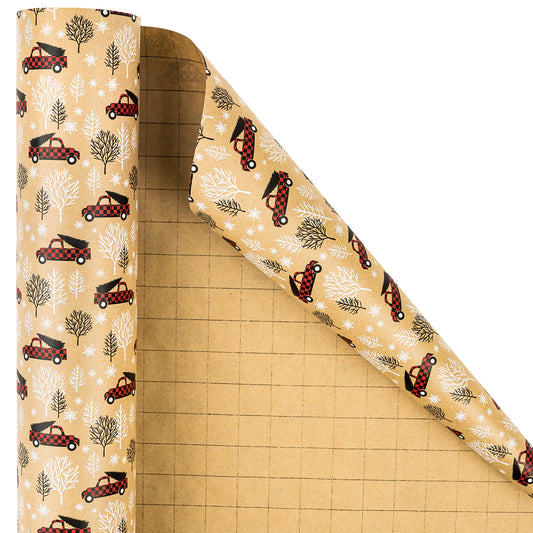 Tree Farm Car with Buffalo Grid Christmas Kraft Wrapping Paper Roll RUSPEPA Wholesale Ream