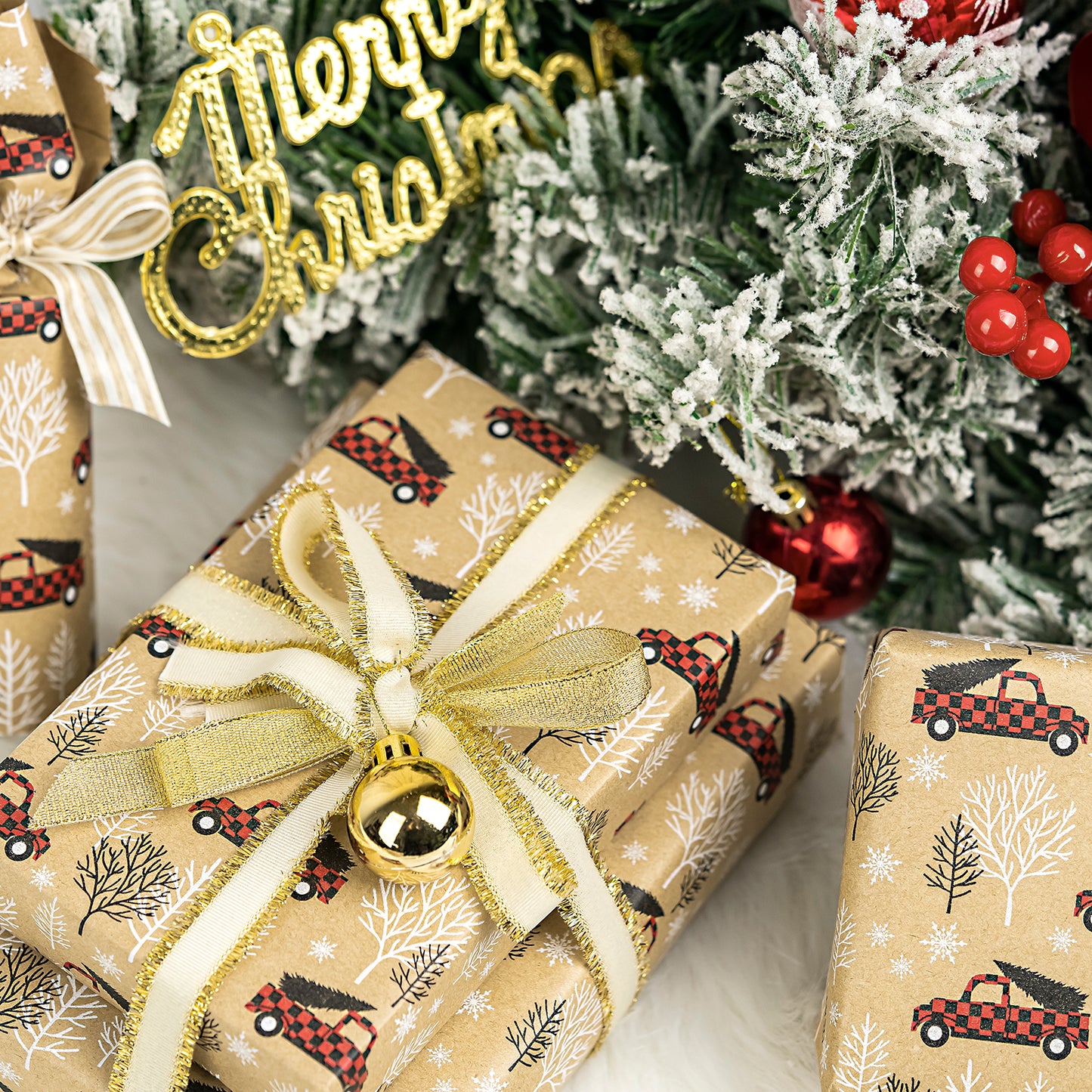 Tree Farm Car with Buffalo Grid Christmas Kraft Wrapping Paper Roll RUSPEPA Wholesale Ream