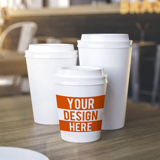 Disposable coffee cups for serving hot coffee, tea, hot chocolate, and other hot beverages. Polyethylene lining for resistance to leaking and moisture penetration.