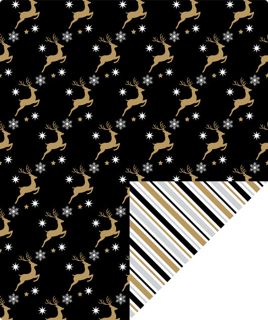 Black Reindeer Wrapping Paper Roll with Brown & Light Blue Diagonal Stripes on Reverse Wholesale Wrapholic