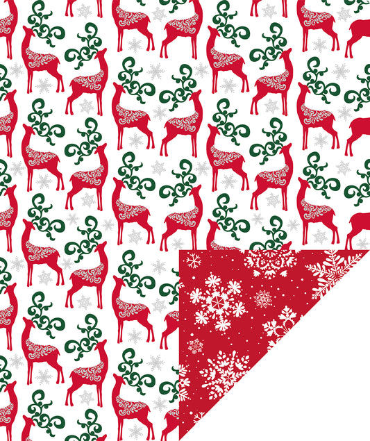 Christmas Deer Wrapping Paper Roll with Red and White Snowflakes on Reverse Wholesale Wrapholic