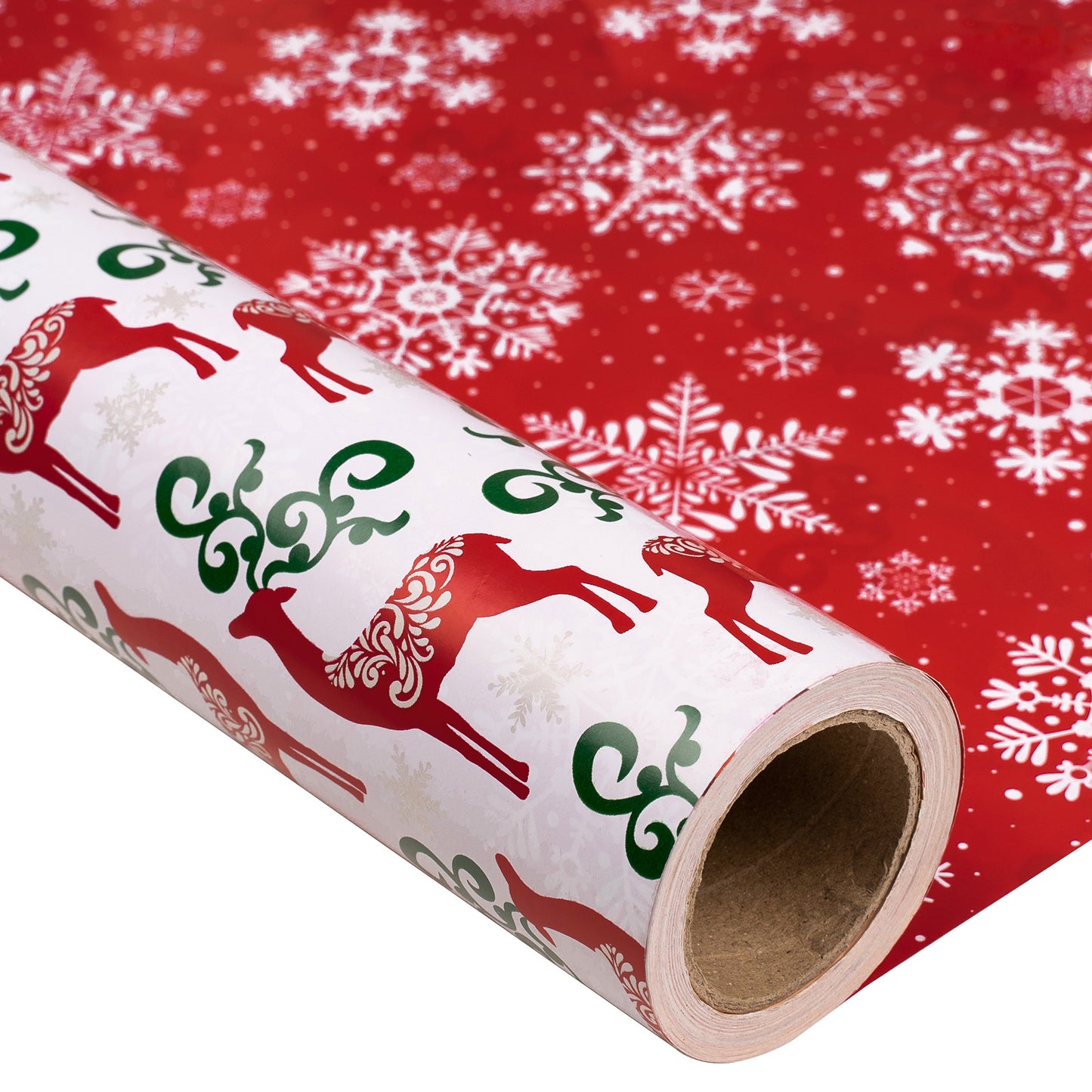 Christmas Deer Wrapping Paper Roll with Red and White Snowflakes on Reverse Wholesale Wrapholic