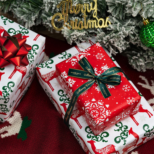 Christmas Deer Wrapping Paper Roll with Red and White Snowflakes on Reverse Wholesale Wrapholic