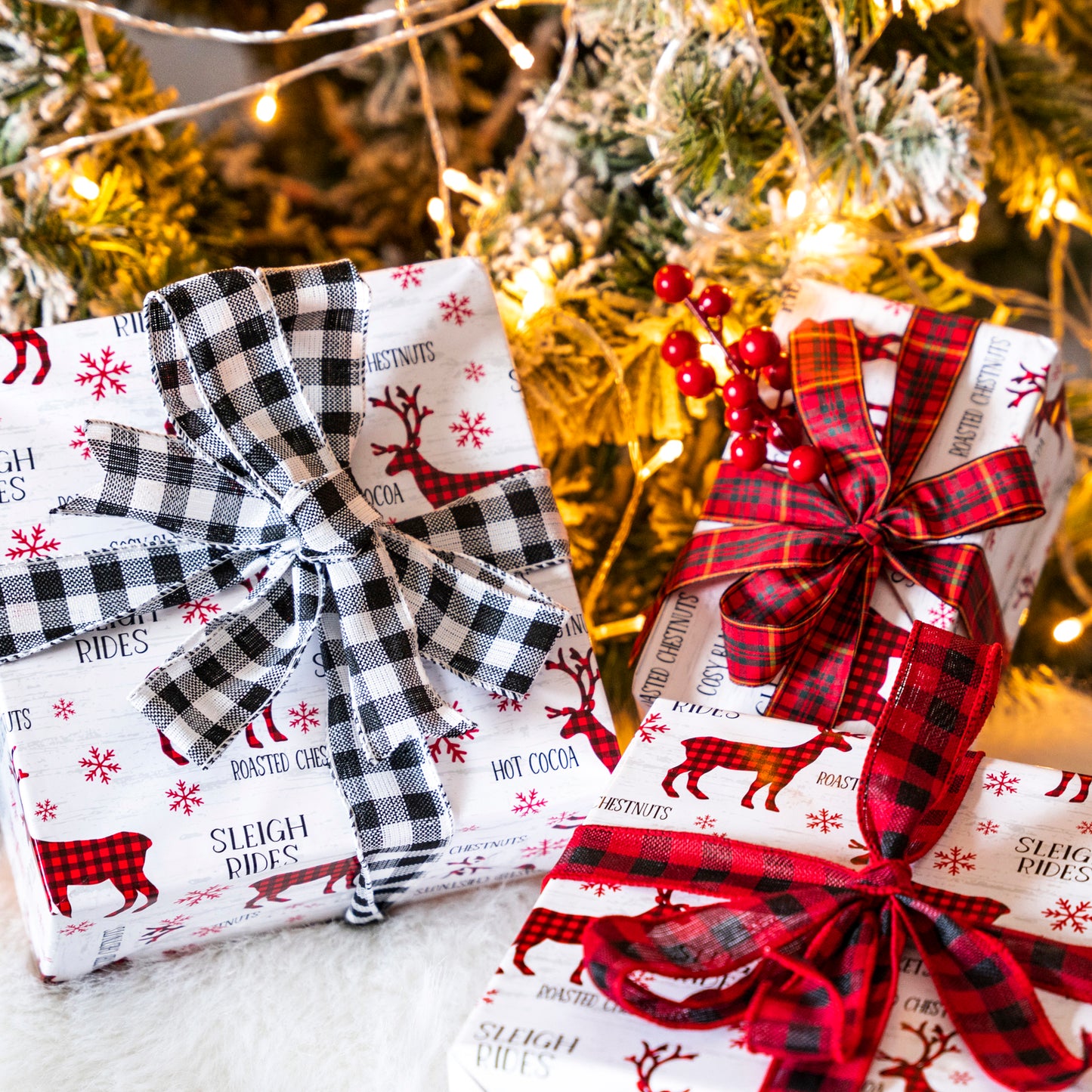 Christmas Farm Wrapping Paper Roll with Plum Deer on Reverse Wholesale Wrapholic
