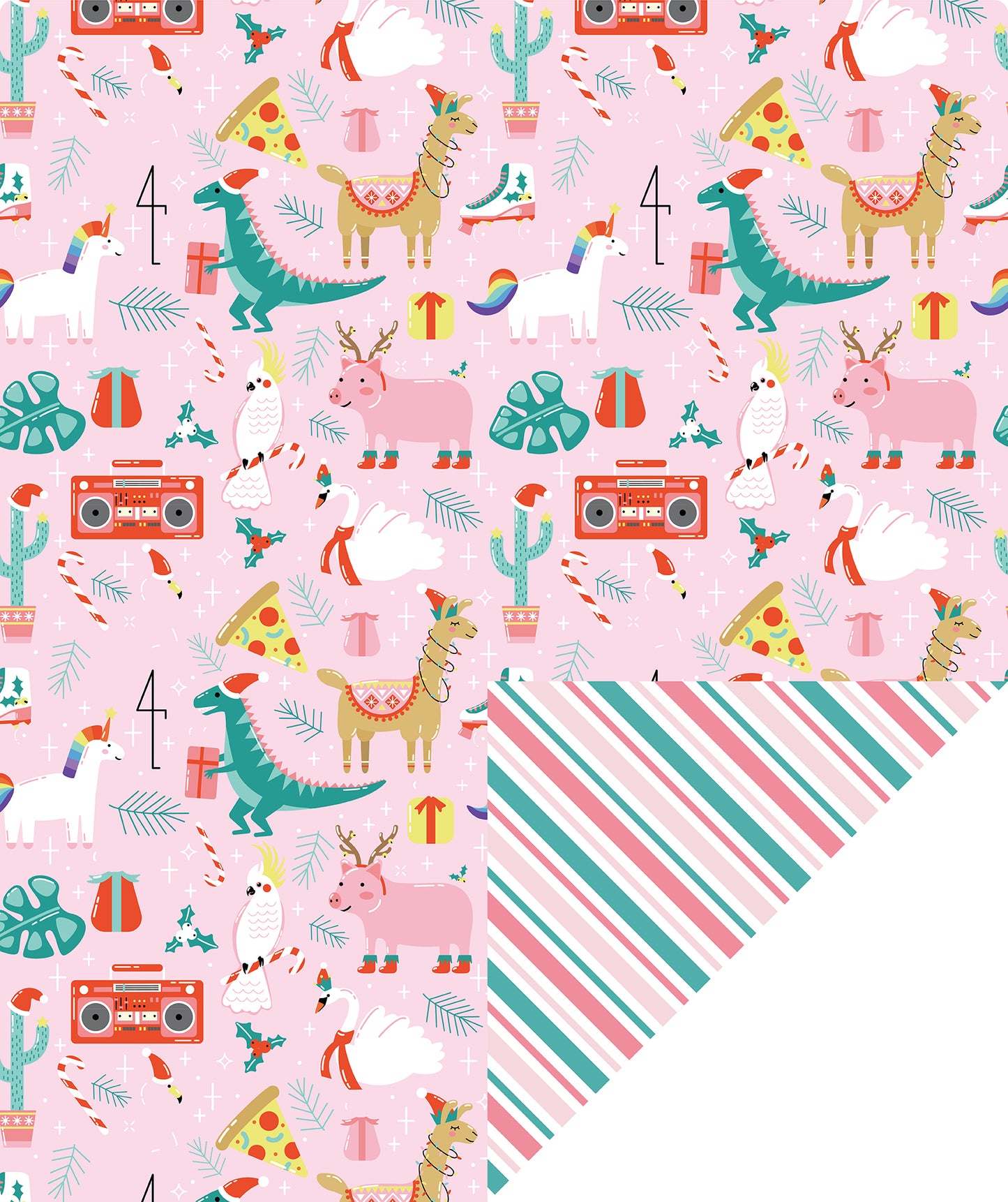 Christmas Funny Animals Wrapping Paper Roll with Red and Green Diagonal Stripes on Reverse Wholesale Wrapholic