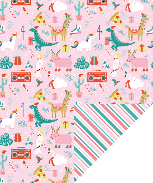 Christmas Funny Animals Wrapping Paper Roll with Red and Green Diagonal Stripes on Reverse Wholesale Wrapholic