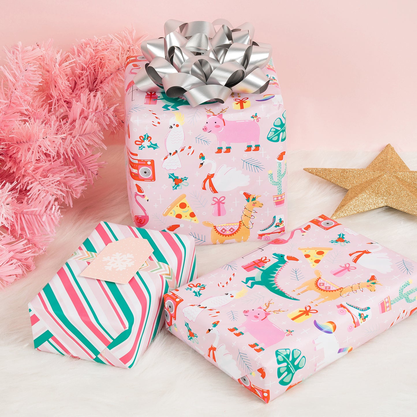 Christmas Funny Animals Wrapping Paper Roll with Red and Green Diagonal Stripes on Reverse Wholesale Wrapholic