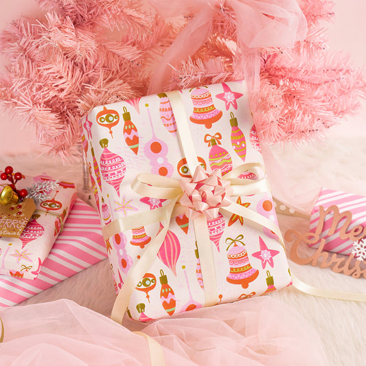 Christmas Ornament Wrapping Paper Roll with Pink Diagonal Stripes on Reverse Wholesale Wrapholic