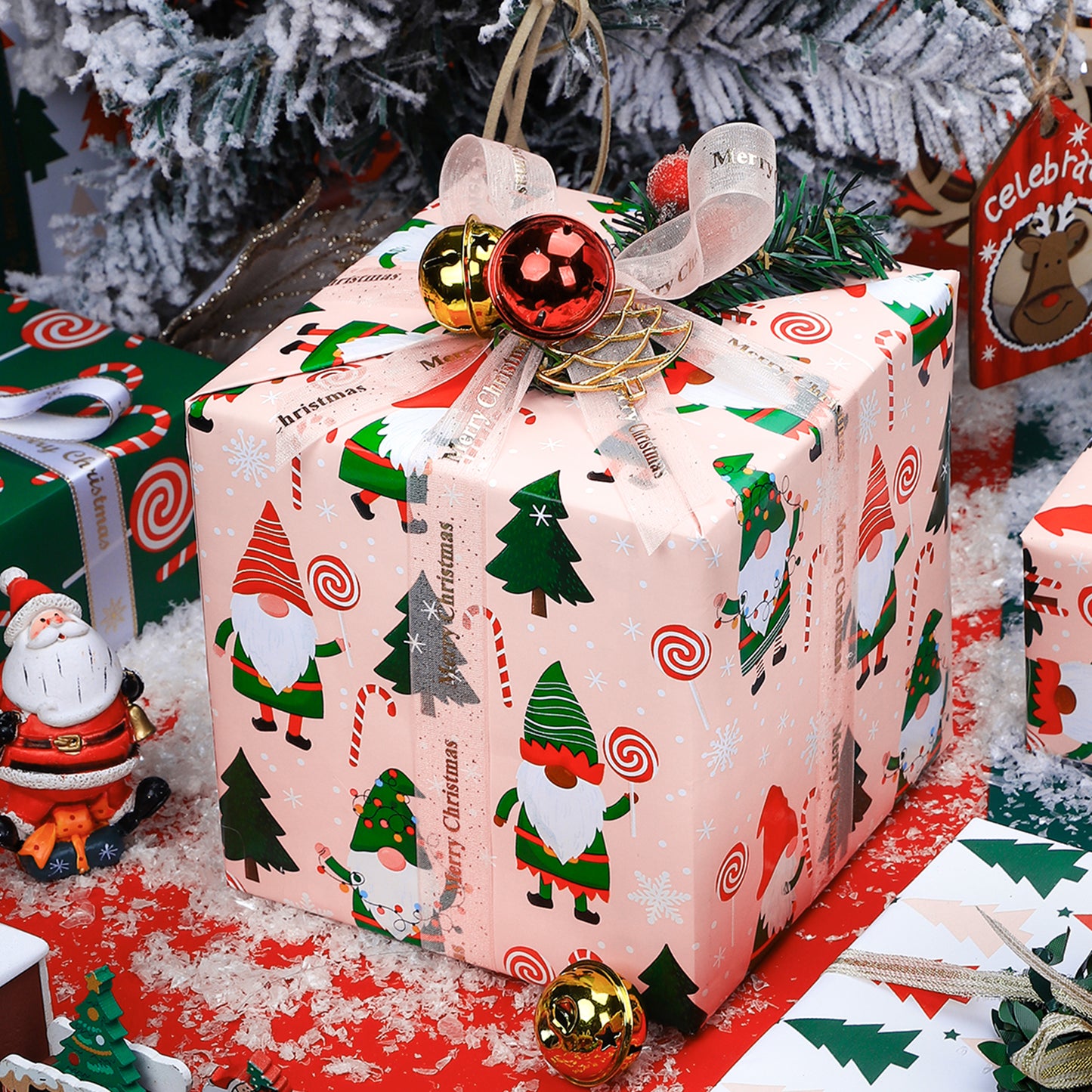 Cute Gnomes Wrapping Paper Roll with Golden Carnival on Reverse Wholesale Wrapholic