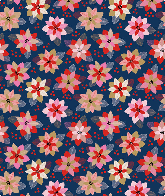 Deep Blue Red Christmas Poinsettia Wrapping Paper Roll Wholesale Wrapholic