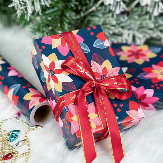 Deep Blue Red Christmas Poinsettia Wrapping Paper Roll Wholesale Wrapholic