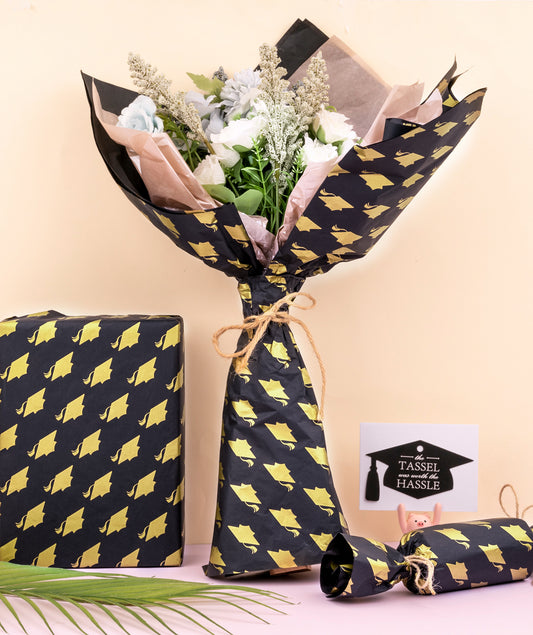Graduation Cap Black & Gold Tissue Paper 20" x 30" Bulk Wholesale Wrapaholic
