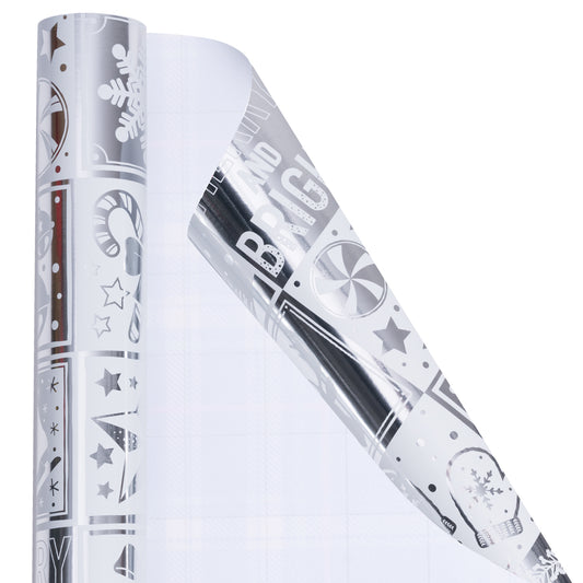 Gray & White Christmas Block Wire Aluminized Film Foil Wrapping Paper Roll Wholesale Wrapholic