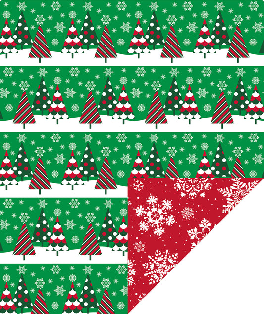 Green Christmas Tree Wrapping Paper Roll with White Snowflakes on Red on Reverse