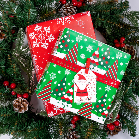 Green Christmas Tree Wrapping Paper Roll with White Snowflakes on Red on Reverse